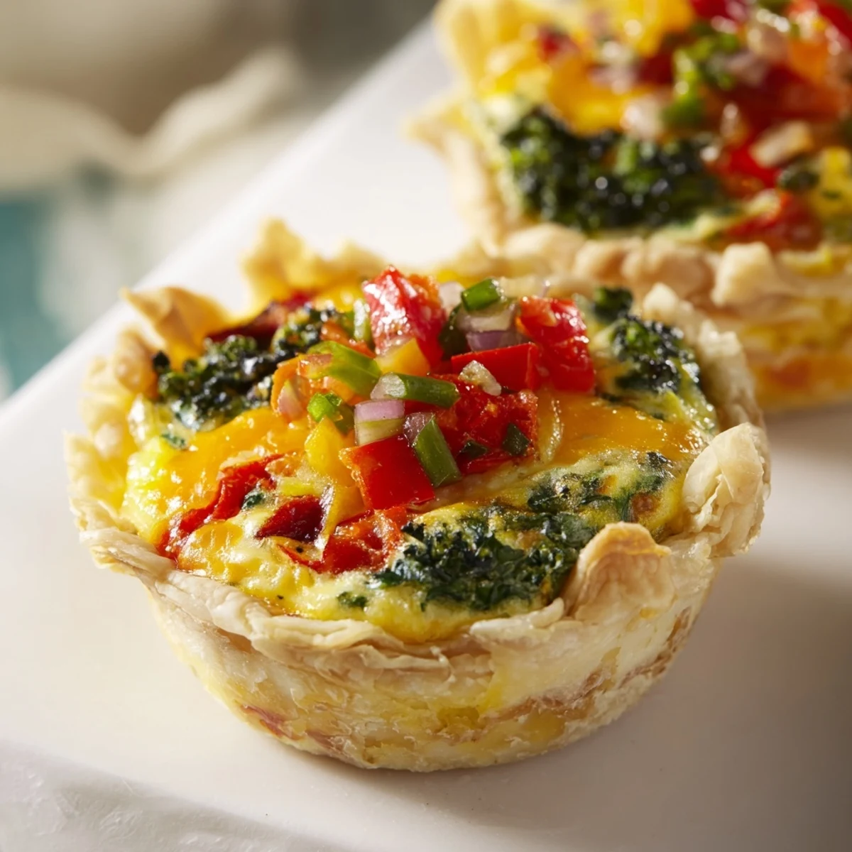 Easy Festive Mini Quiche Cups, with golden, bubbly cheese, spinach, and bright red peppers are ready to enjoy.