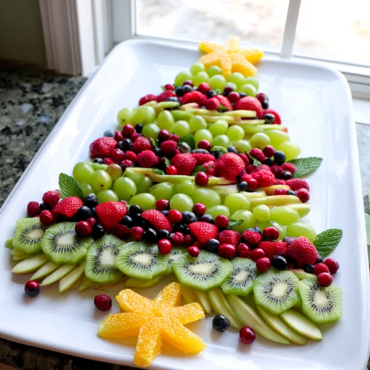 This colorful Quick Christmas Tree Fruit Platter with fresh fruit and star-shaped pineapple is festive!