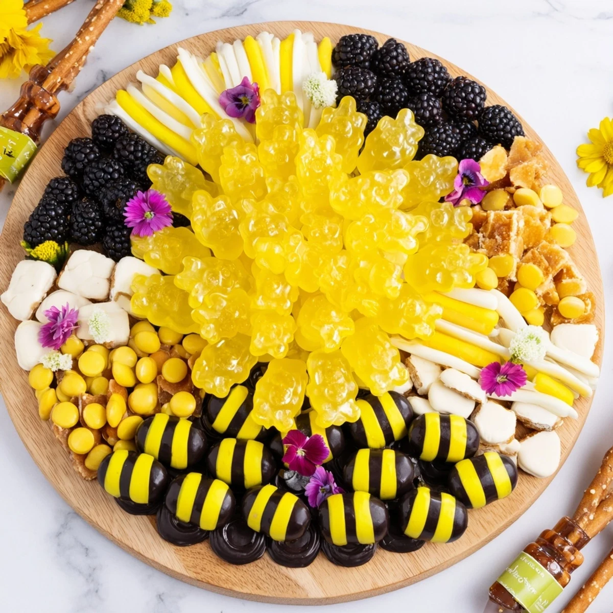 Bumblebee Candy Board overflowing with colorful candies, perfect for a fun party treat.