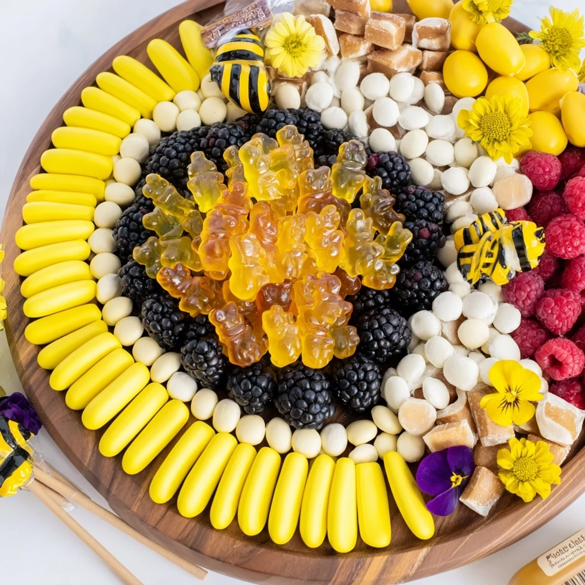 Enjoy the whimsical Bumblebee Candy Board, a delightful dessert with fresh berries and honey!