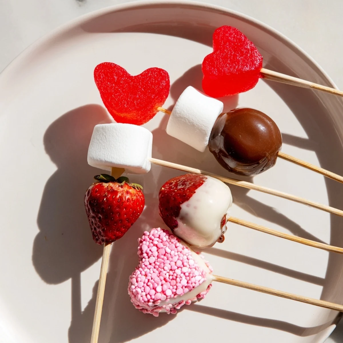 A vibrant Cupid's Arrow Candy Tray showcasing chocolate-covered strawberries and colorful heart candies.