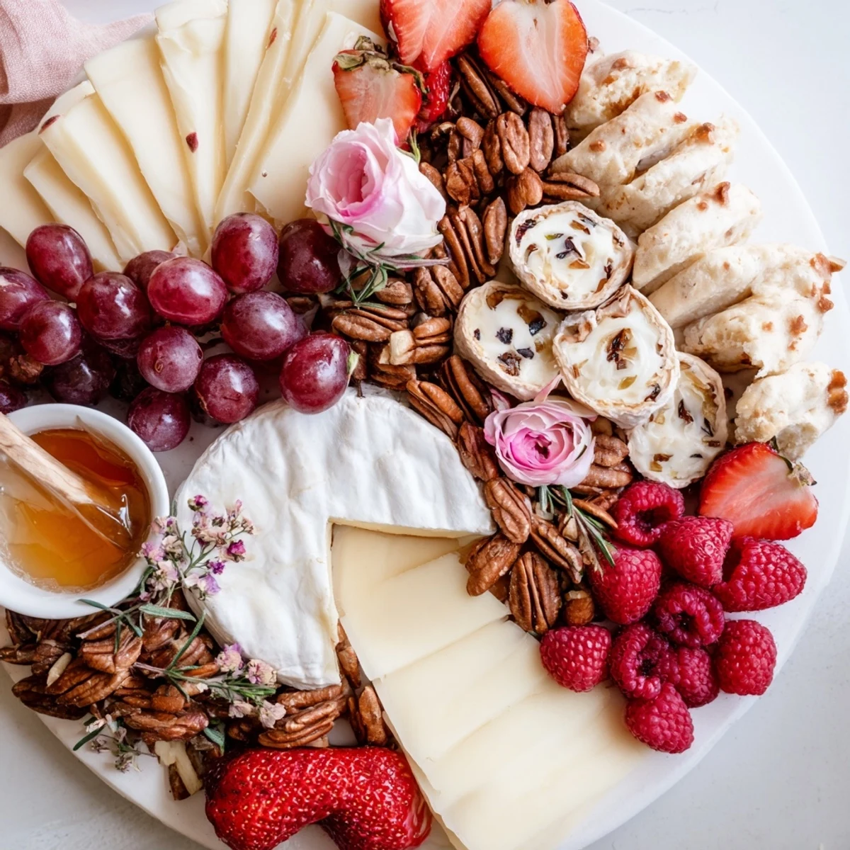 Rose Garden Romantic Platter with ripe strawberries, rich cheeses, and beautiful edible flowers, ready to serve.