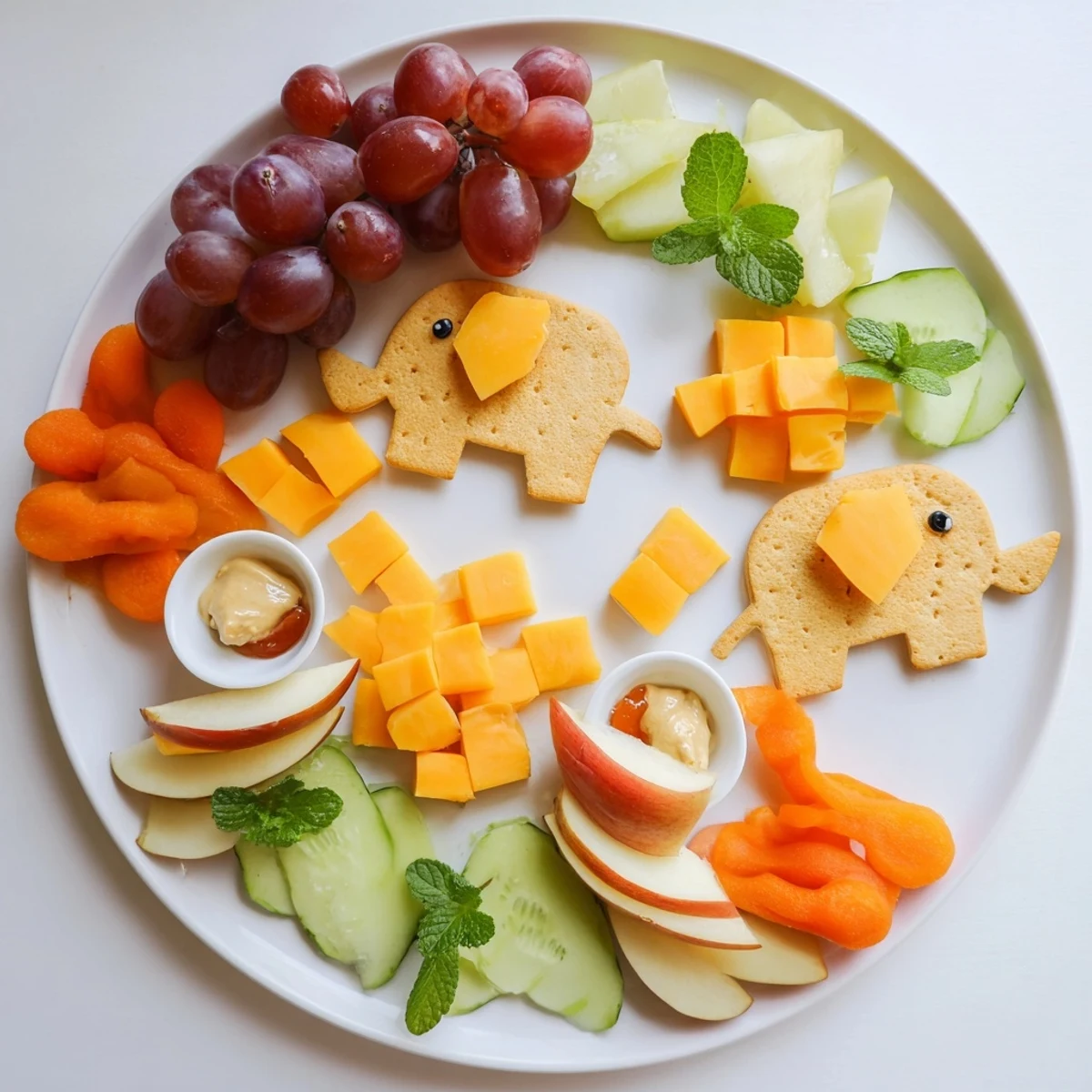 Elephant Cracker Board bursting with color: cheddar cubes, grapes, and creamy brie alongside whimsical crackers.
