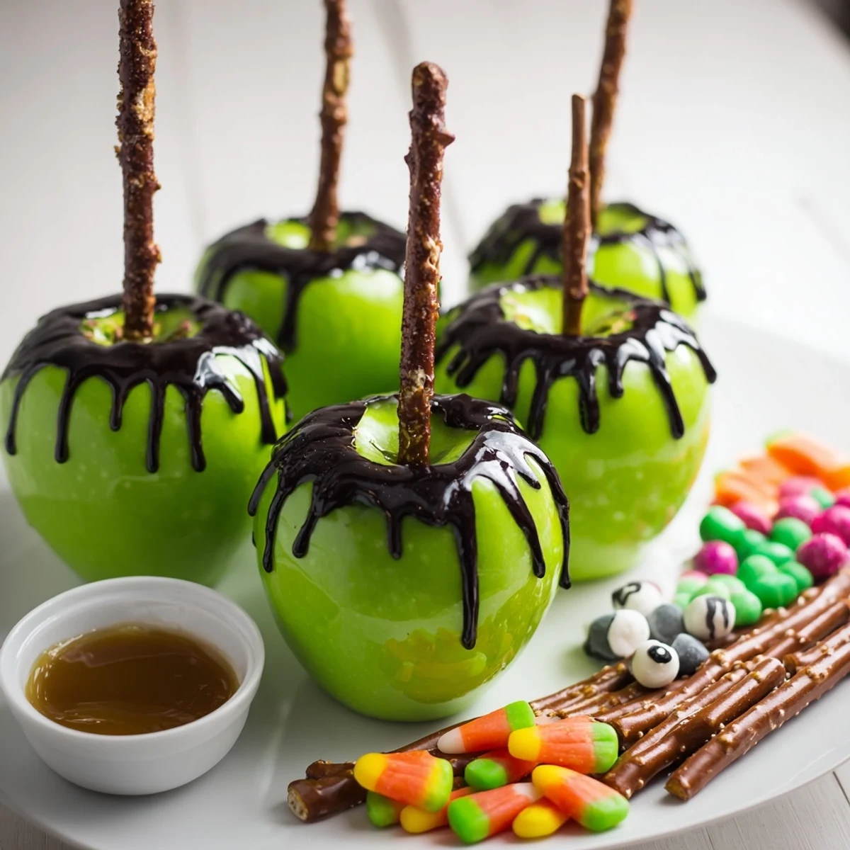 A glossy, black poison apple sits on a Halloween treat board ready for a party.