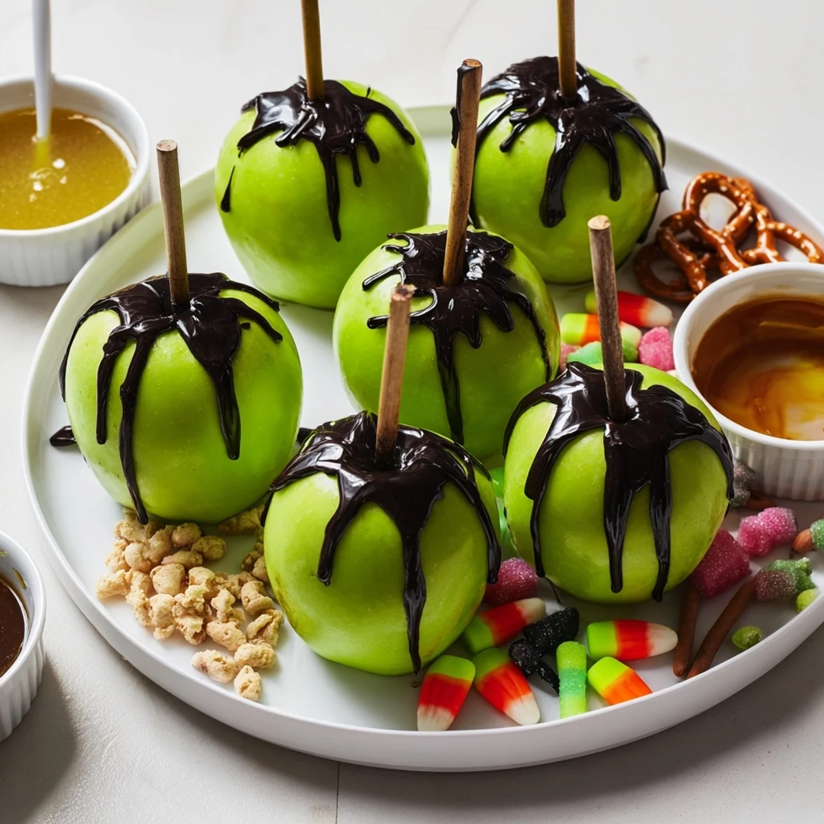 Bright red apples are enrobed in a shiny, black candy shell for these poison apples.