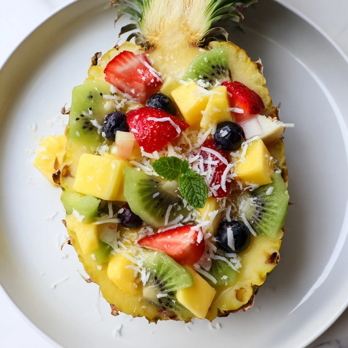 Tropical Bliss Pineapple Fruit Boat overflowing with colorful fresh fruit, perfect for a summer dessert.