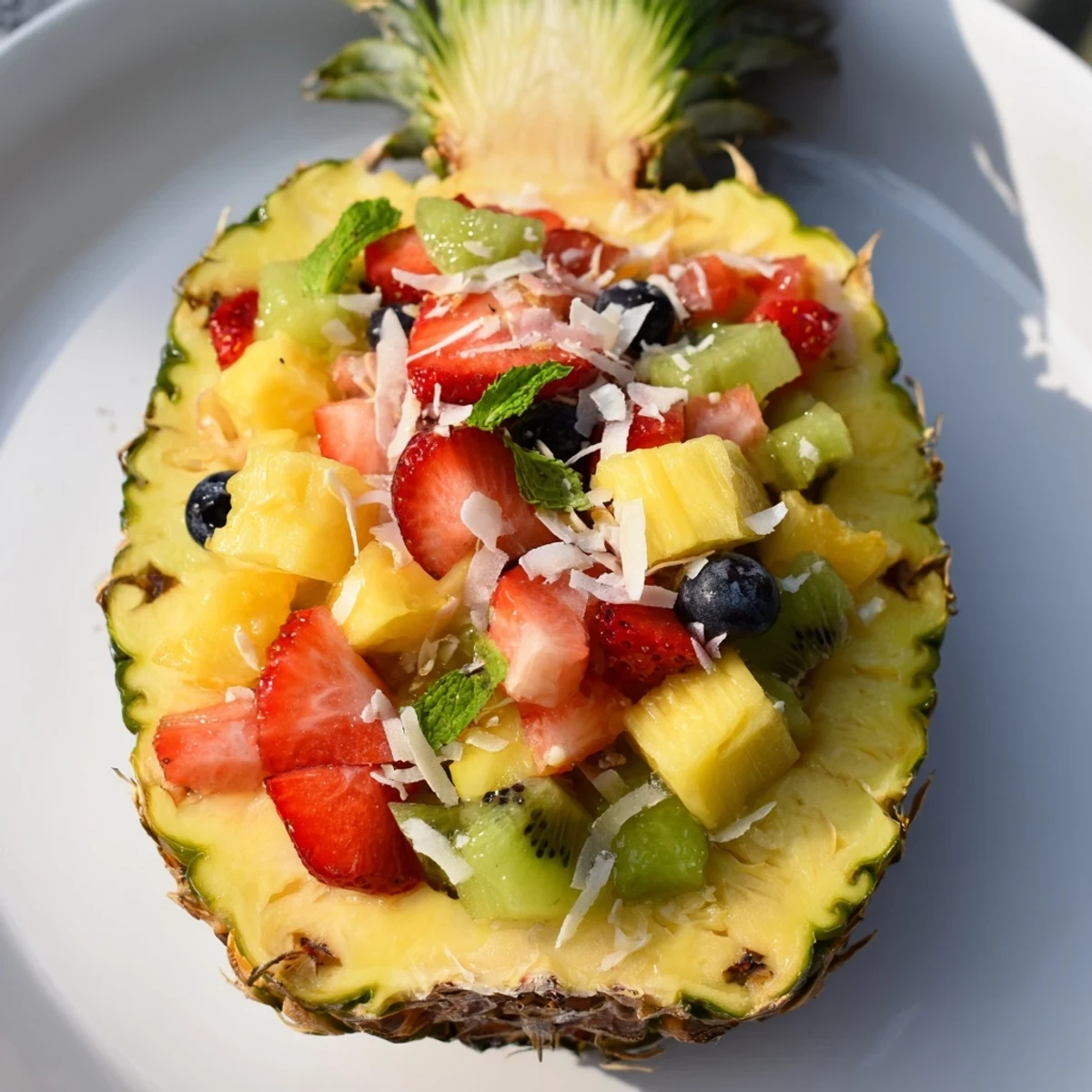 The beautiful presentation of a Tropical Bliss Pineapple Fruit Boat, ready to serve for a tropical feast.