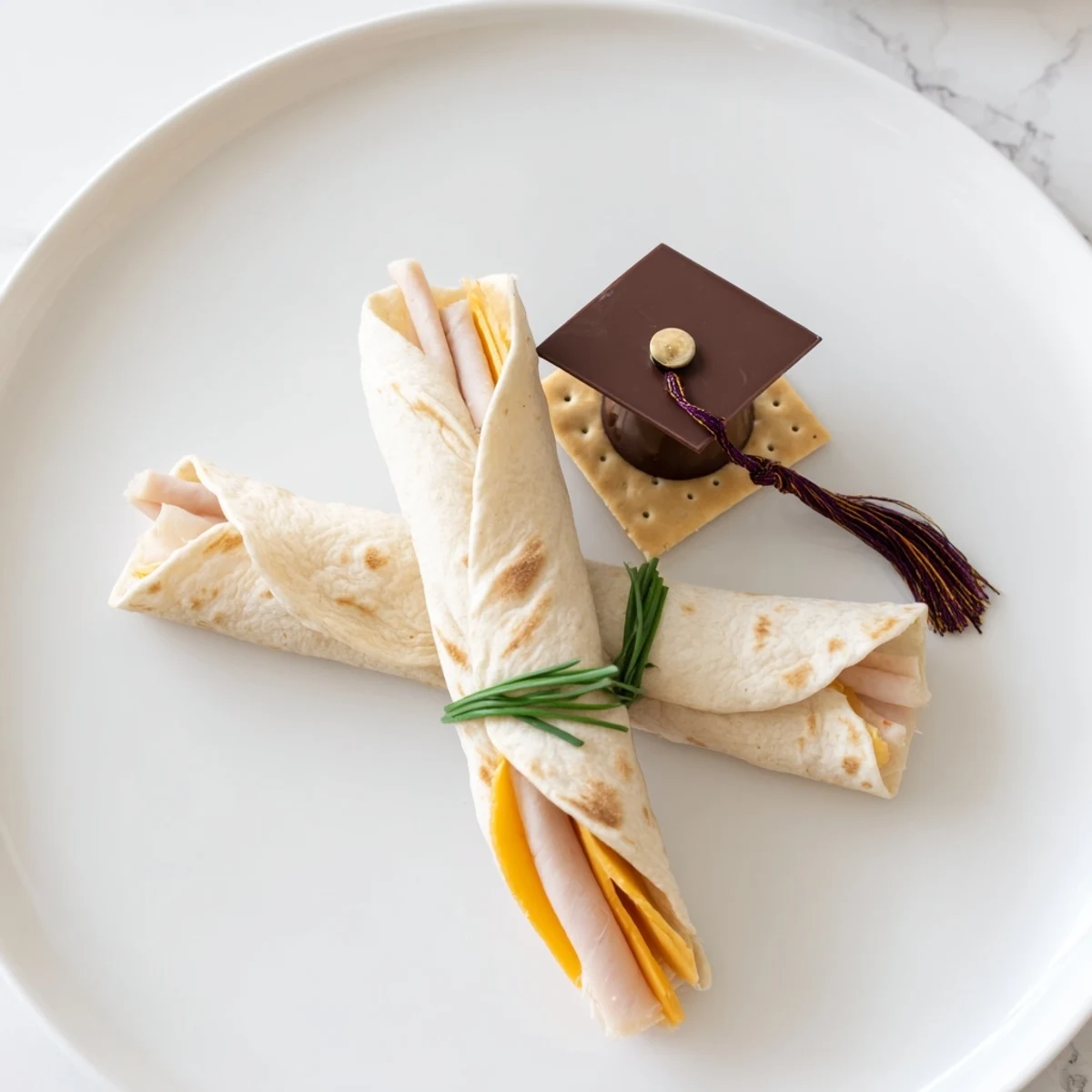 Delectable Graduation Cap Diploma Snack Wraps; a close-up of tasty, rolled diploma treats with chive ties.
