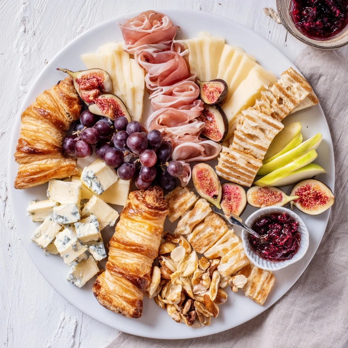 A stunning Moments Magiques Plateau Bonne Année 2026 appetizer presents colorful fruits, savory meats, and creamy cheeses for celebrating.