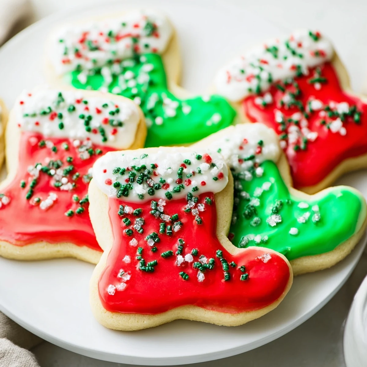Buttery Christmas Boot-Shaped Delights, iced in red and green, perfect holiday cookie dessert to share.