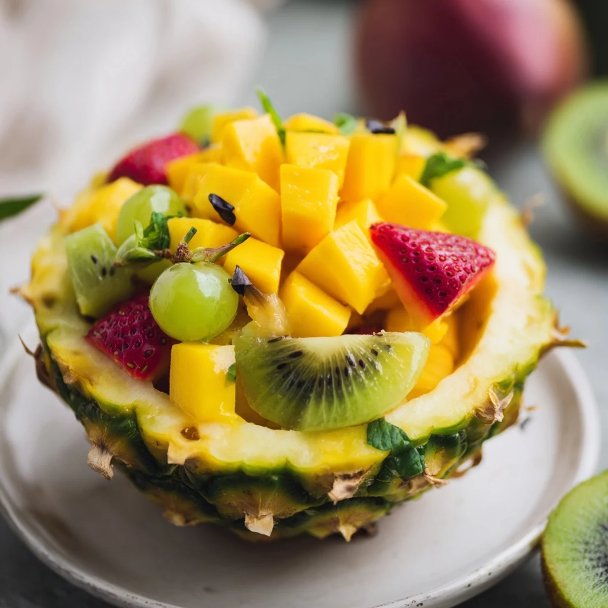 Vibrant Tropical Pineapple Fruit Boat brimming with colorful fresh fruit, ideal for a summer dessert.