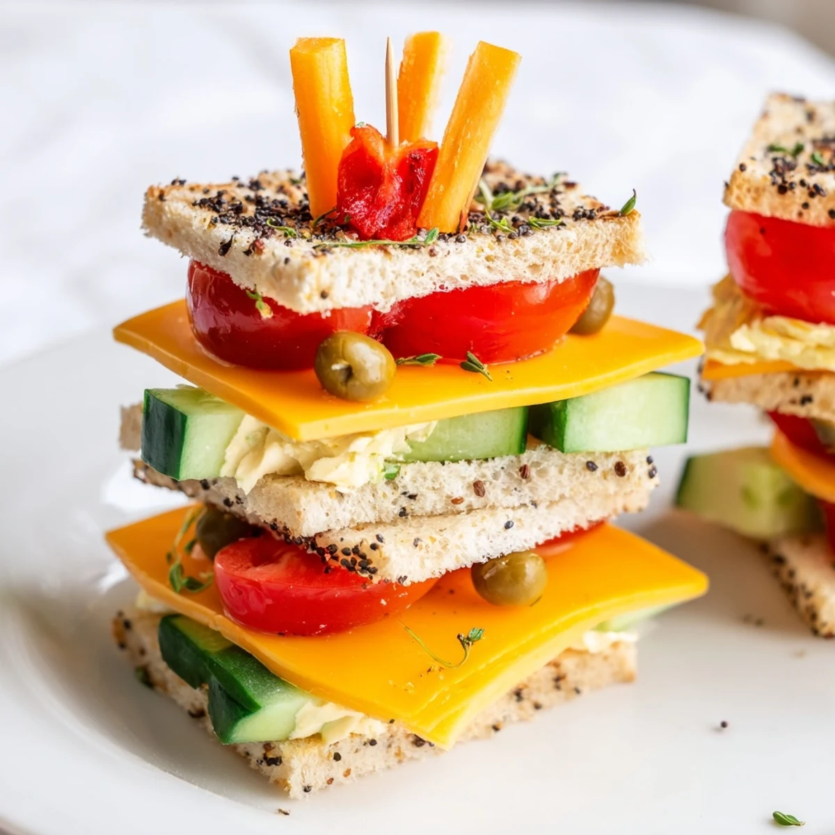 Urban Skyscraper Appetizers with cheddar towers and colorful veggie accents, ready to eat.