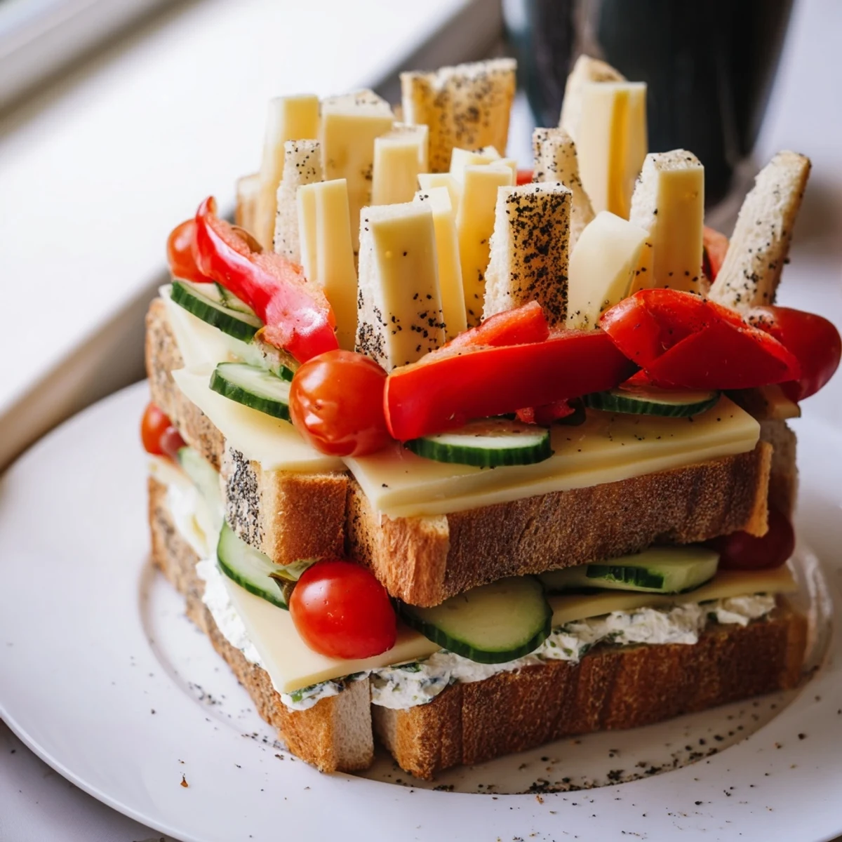 A beautiful, modern platter of Urban Skyscraper Appetizers, drizzled and sprinkled, perfect for a party.