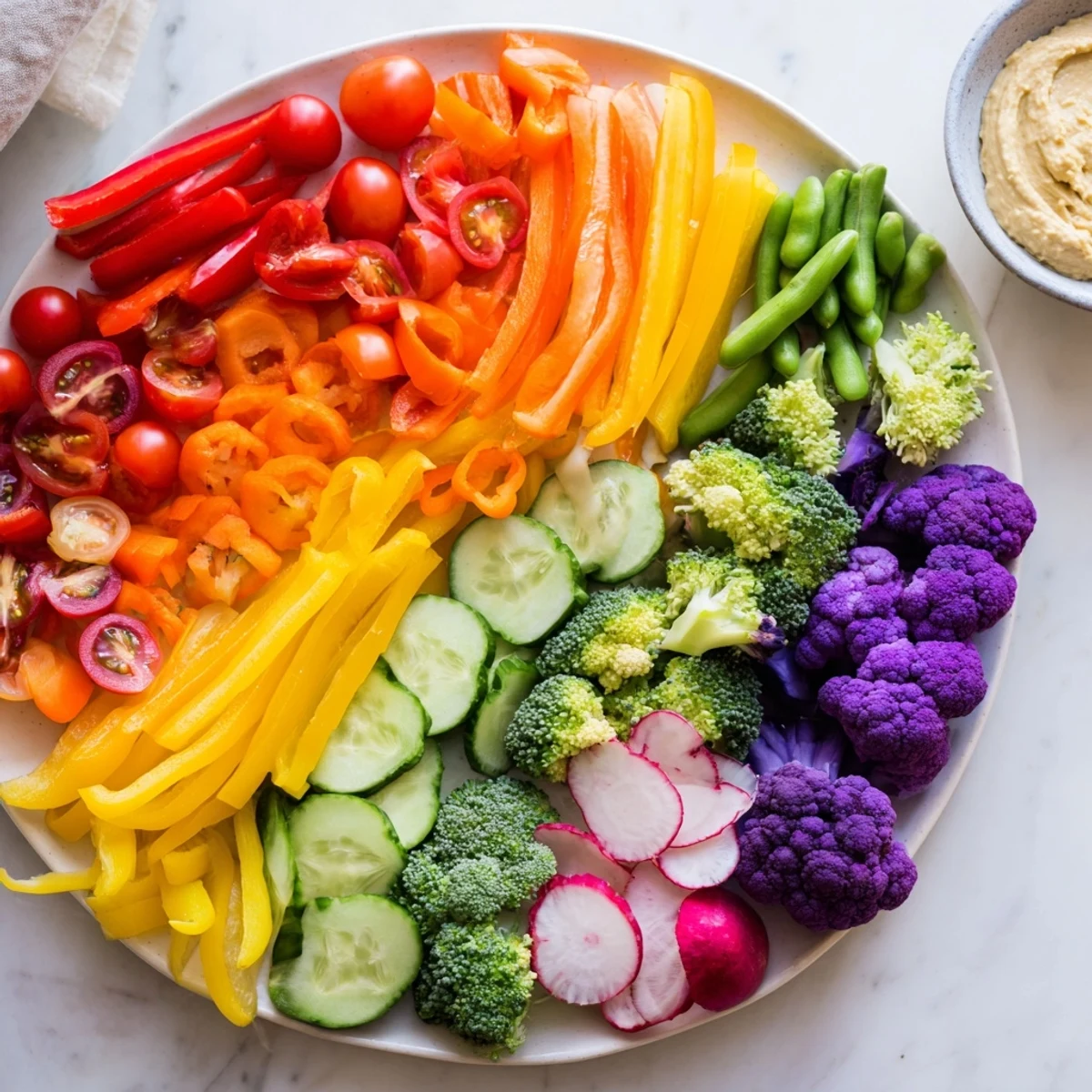 Vibrant Colorful Vegetable Rainbow Board featuring colorful fresh veggies alongside creamy hummus for dipping.