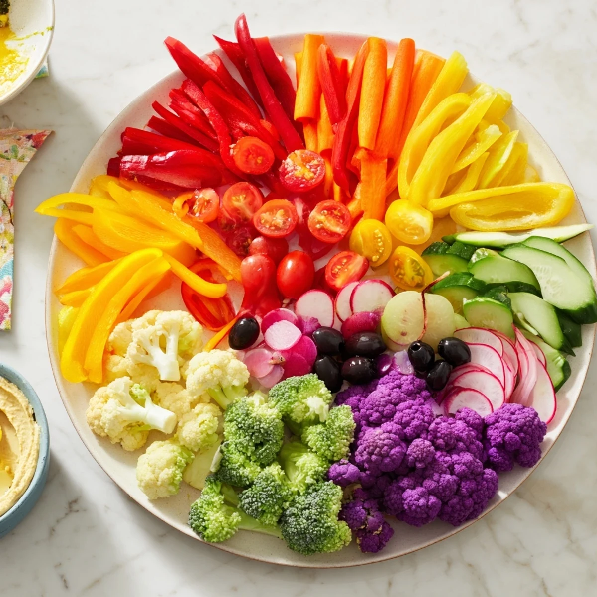 Delectable and healthy, this Colorful Vegetable Rainbow Board showcases a spectrum of colorful veggie snacks ready to be served.