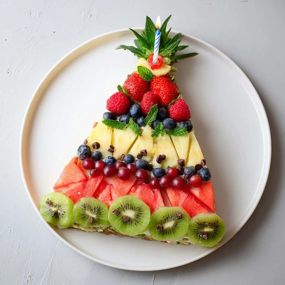 Vibrant Birthday Board: a colorful fruit platter arranged to resemble a celebratory cake slice.