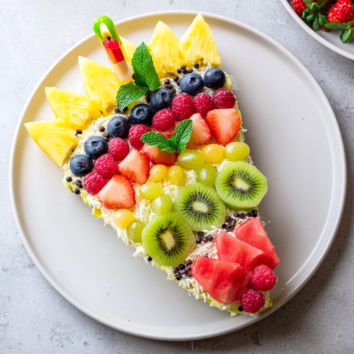 The fun Birthday Board appetizer: a beautiful, healthy fruit cake slice ready to enjoy!
