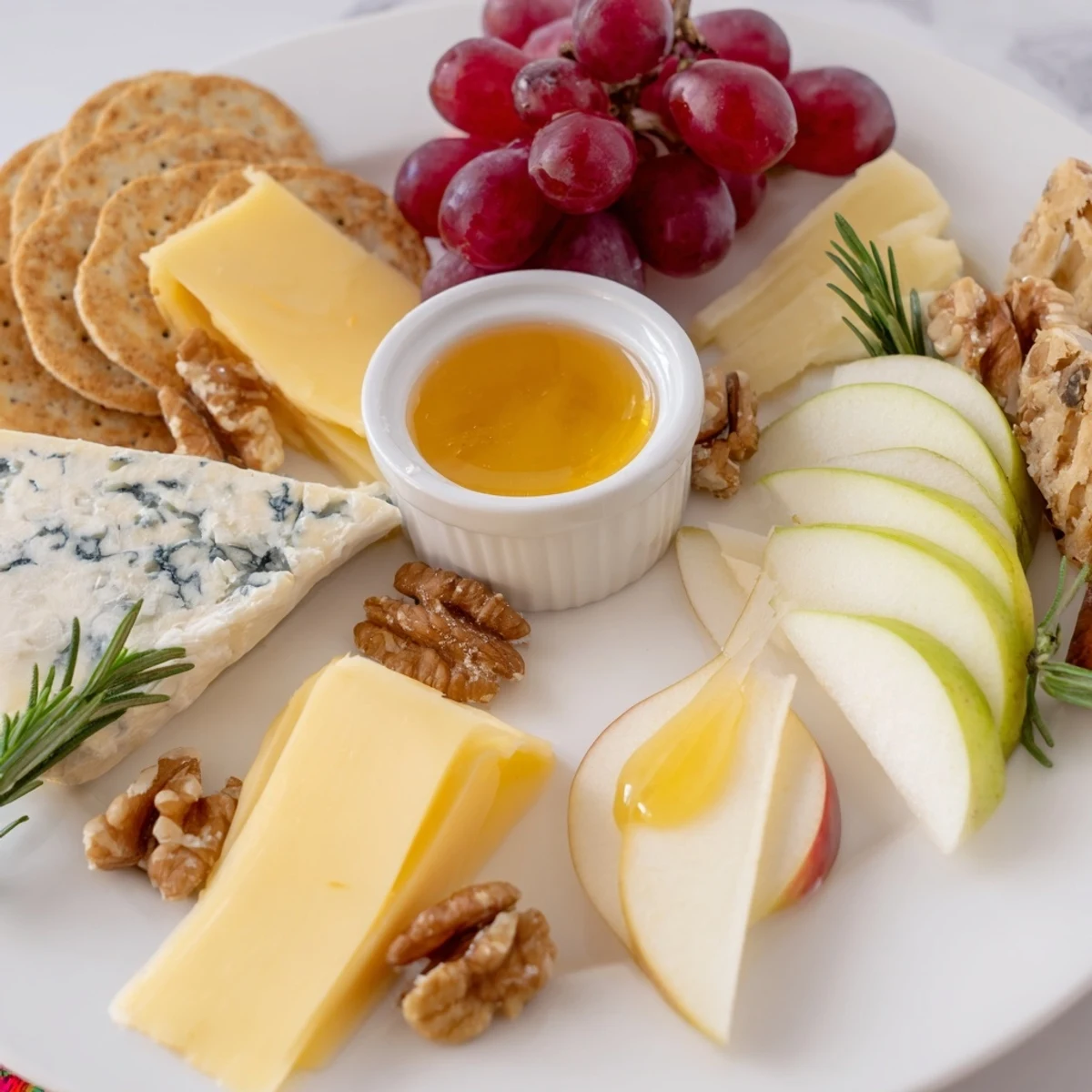 An inviting cheese plate showcasing creamy Brie, sharp cheddar, and cracker rings ready to enjoy.