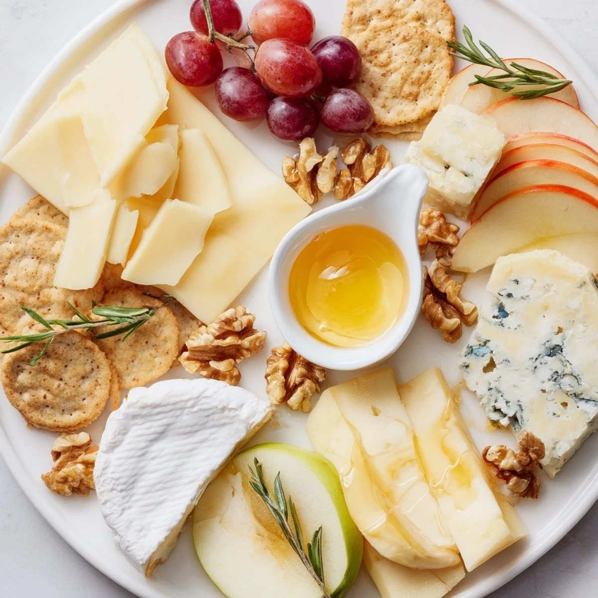 Elegant cheese plate, featuring assorted cheeses, crackers, and the sweet touch of honey.