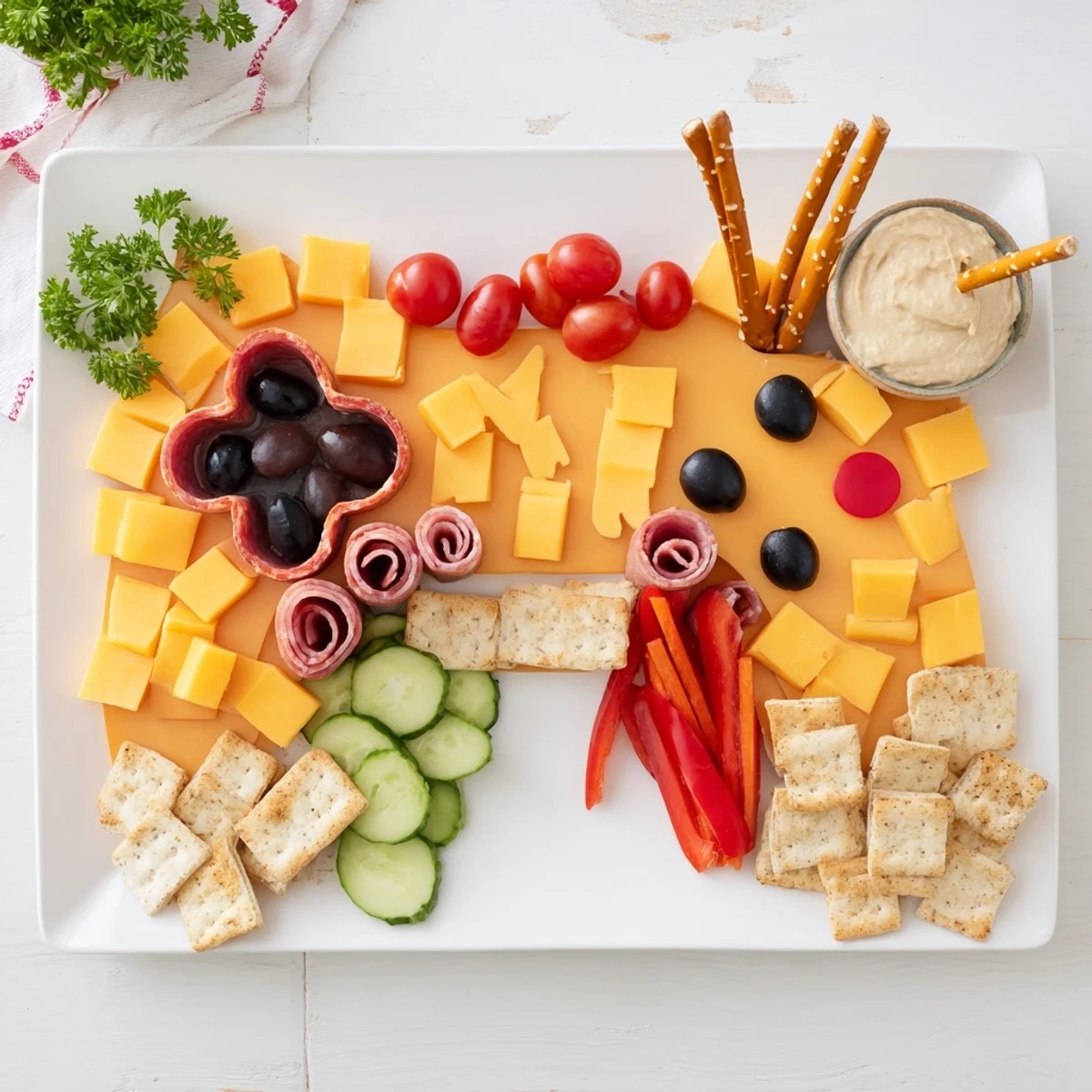 This colorful game night controller snack platter is loaded with delicious party appetizers.