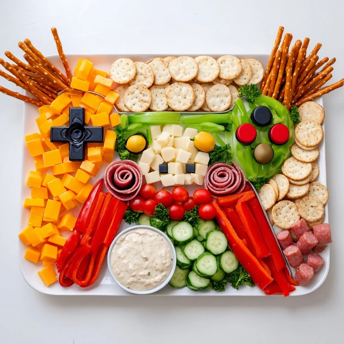 Game night snack platter shaped like a controller, offering cheese, meats, and veggies.