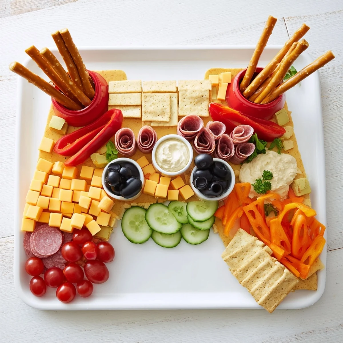 Savory controller-shaped snack platter with cheese, meats, and olives ready for your game night.