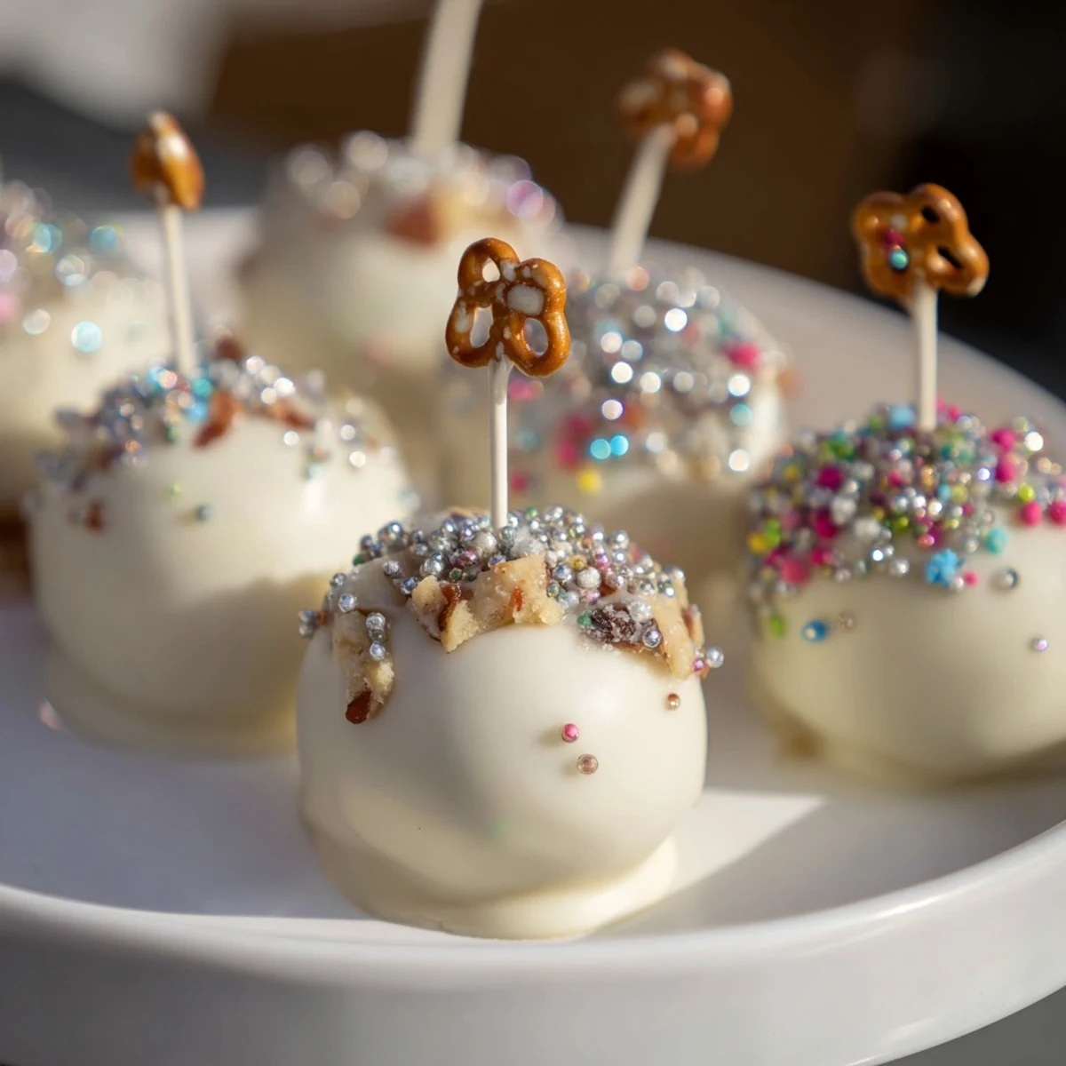 Close-up of freshly made holiday ornament candy balls with a hint of peanut butter and pecans.