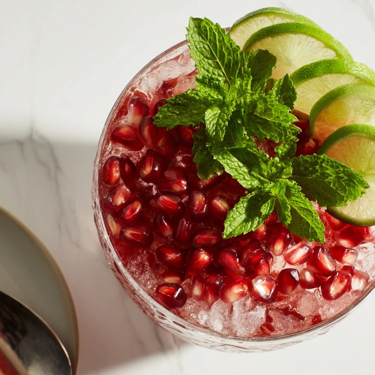 Festive Pomegranate and Mint Wreath drink: crystal glasses filled with sparkling red beverage and mint sprigs.