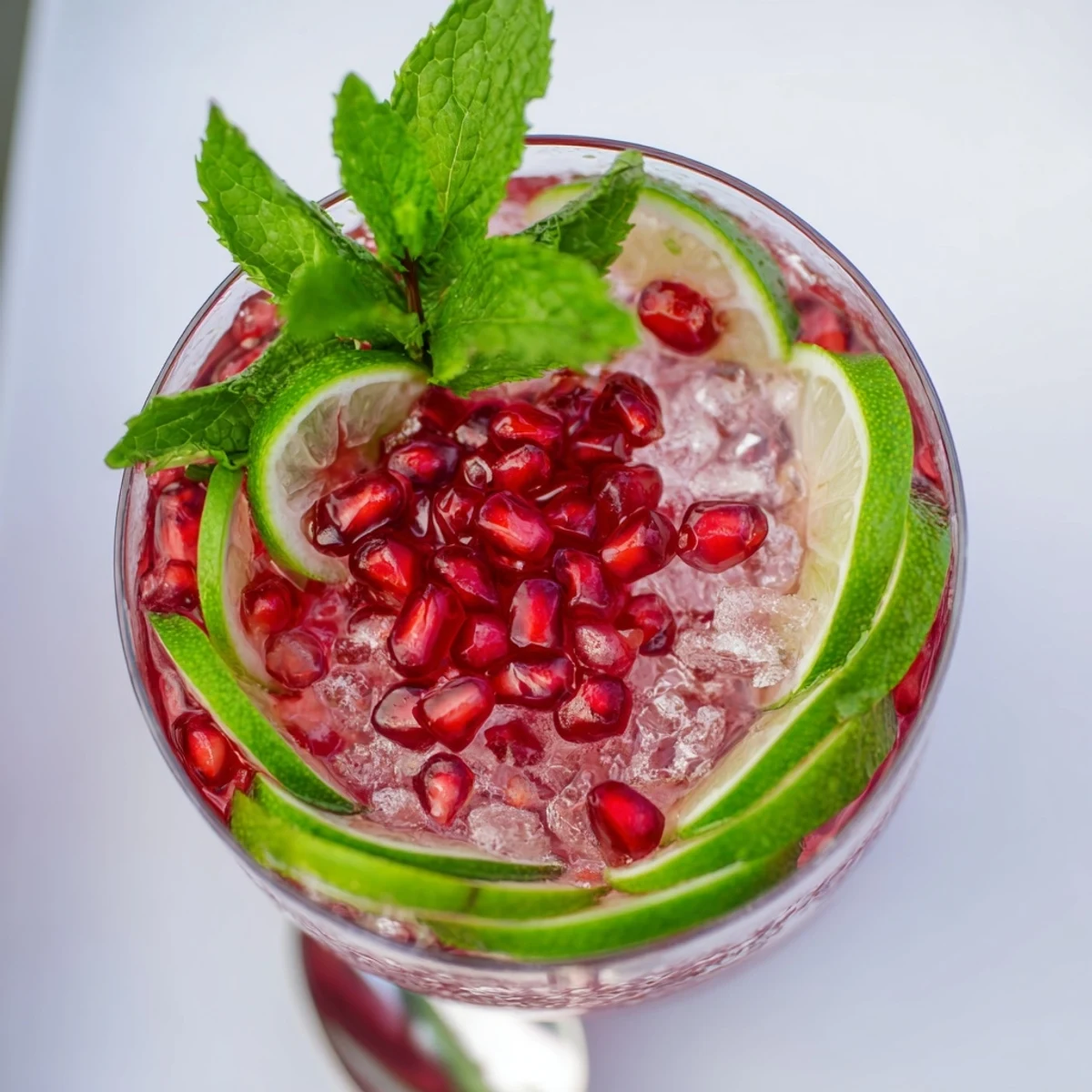 A vibrant Pomegranate and Mint Wreath, a refreshing, non-alcoholic holiday drink with lime garnish.