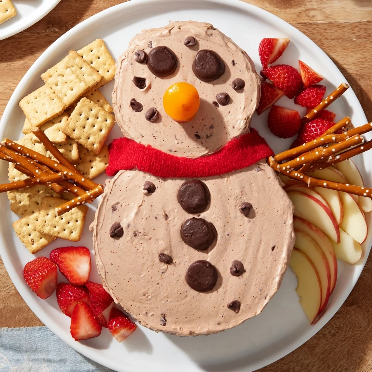 Enjoy the whimsical Hot Cocoa Dip Snowman, a cheerful dessert decorated with pretzel arms and licorice scarves.