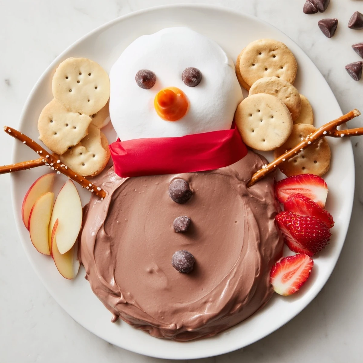This creamy Hot Cocoa Dip Snowman is a festive dessert, served with fresh fruit and graham crackers for dipping.