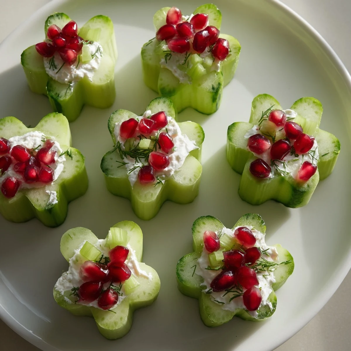 This beautiful Winter Salad features snowflake cucumber cups holding a delightful, creamy veggie mix.