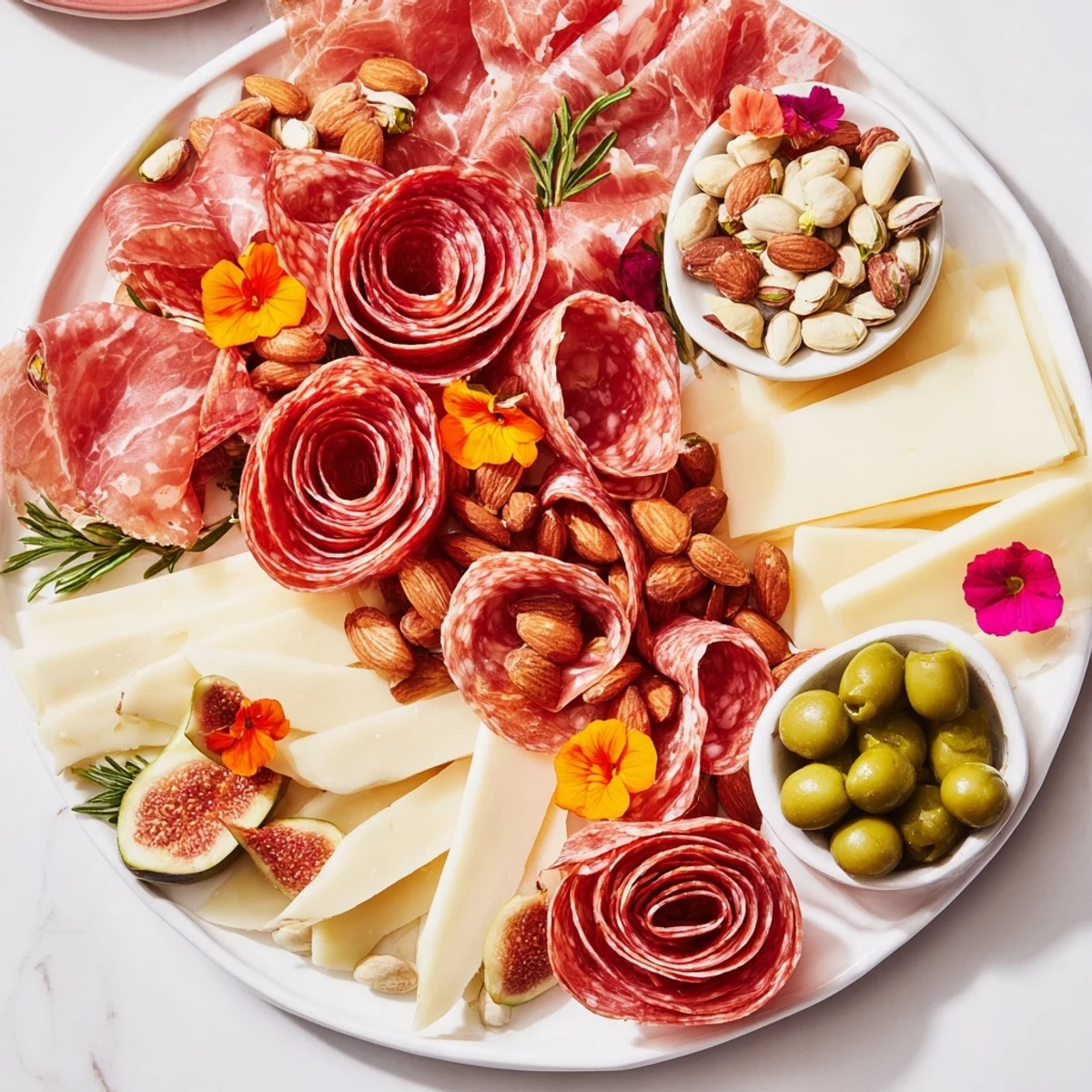 Magnificent Meat and Cheese Rose Garden Board filled with colorful meats, cheeses, and fruits for a stunning appetizer.