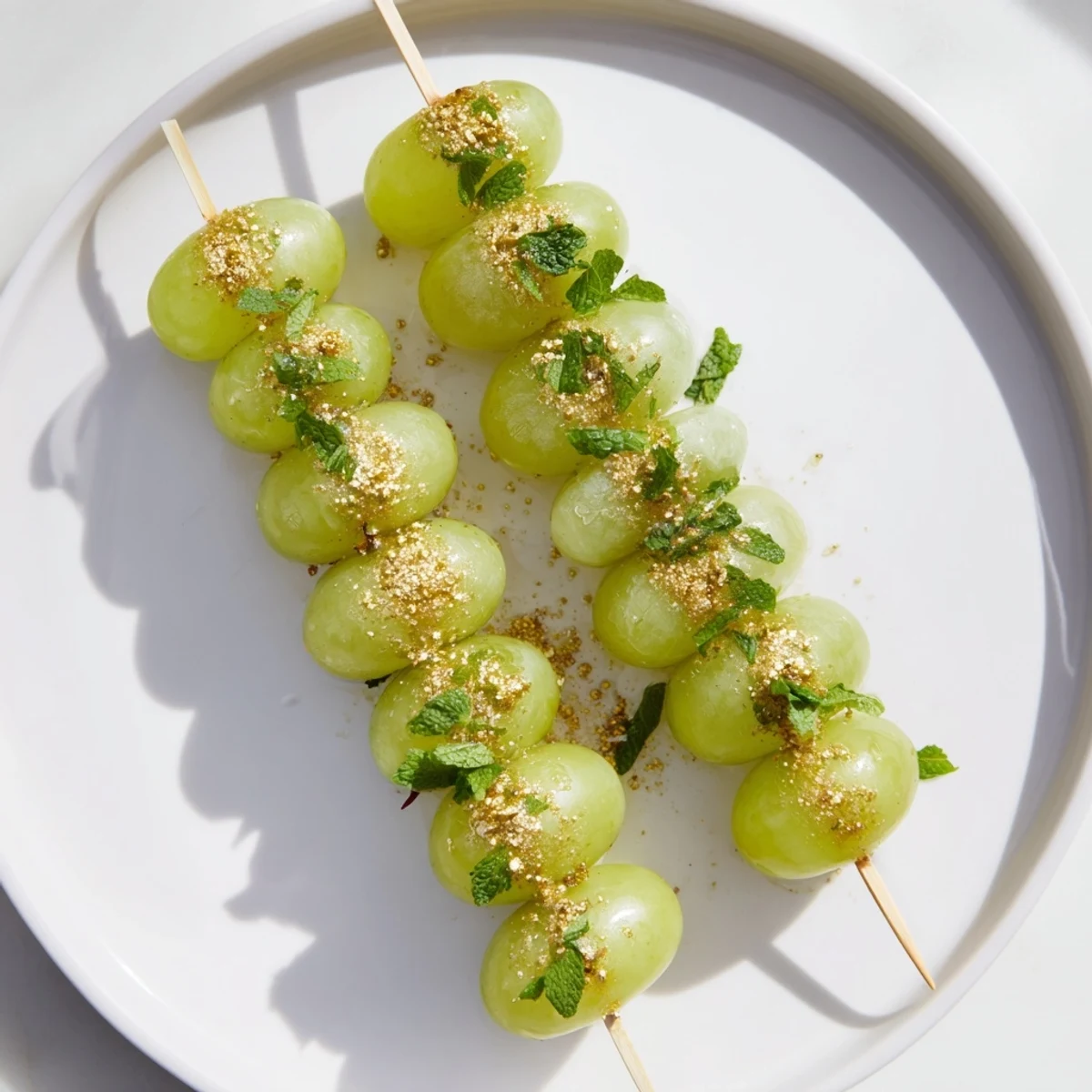 Vibrant Grapes of Luck skewers, each with 12 glistening green grapes for a New Year's treat.