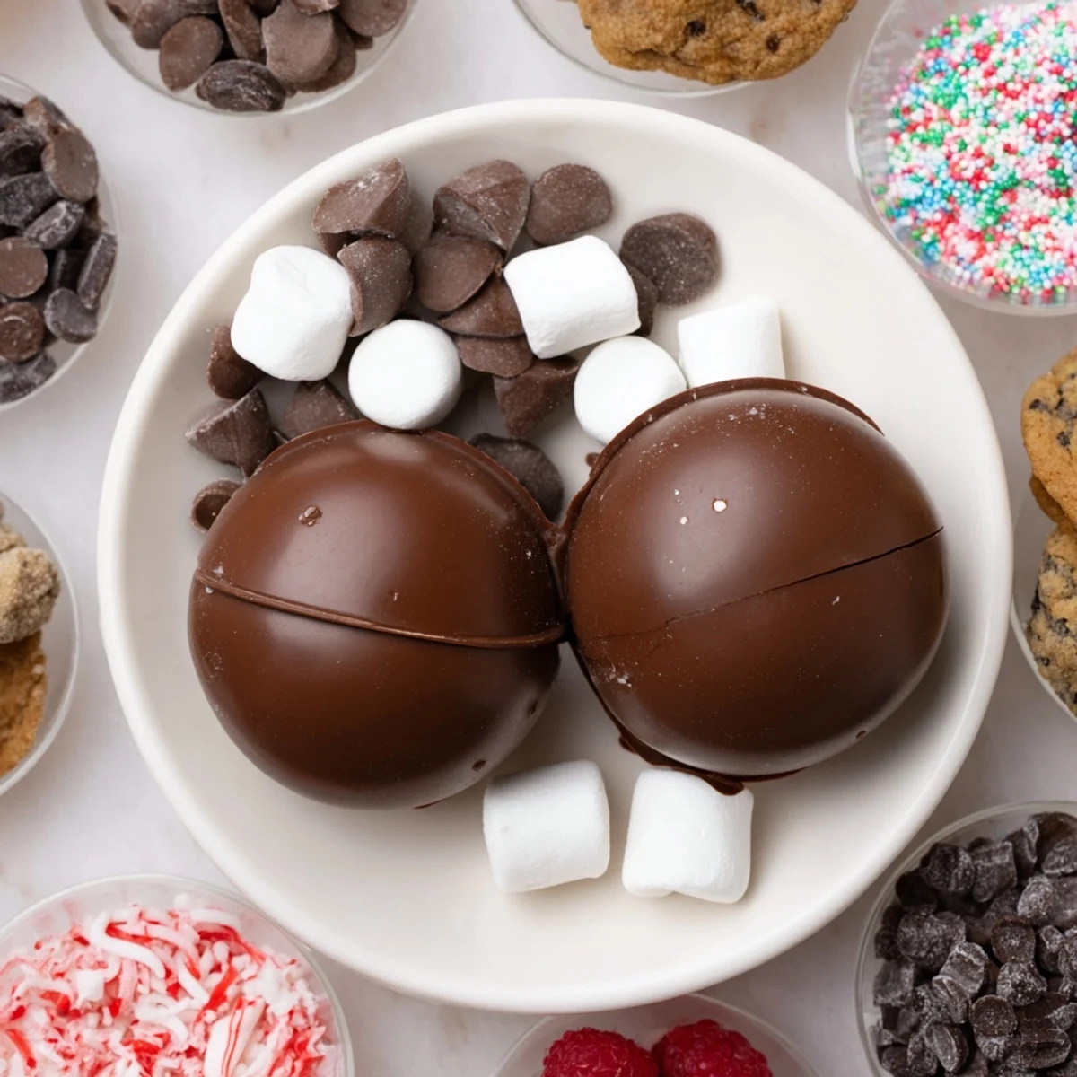 Delicious homemade hot cocoa bombs melting into hot milk, ready to be customized with tasty toppings.