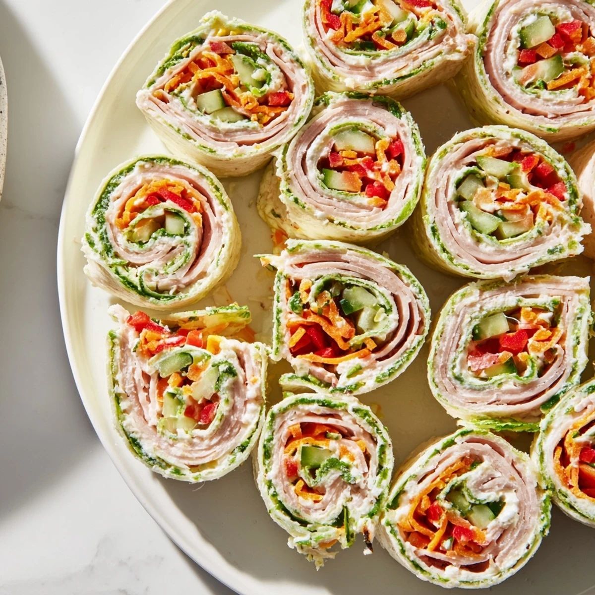 A vibrant Smoked Turkey Pinwheels Tree, showcasing perfect spirals of turkey and cream cheese ready to eat.