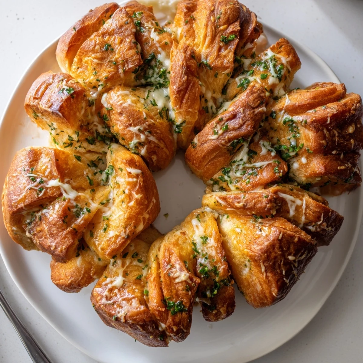 Golden, pull-apart star shaped garlic bread, richly savory and perfect for sharing at dinner.