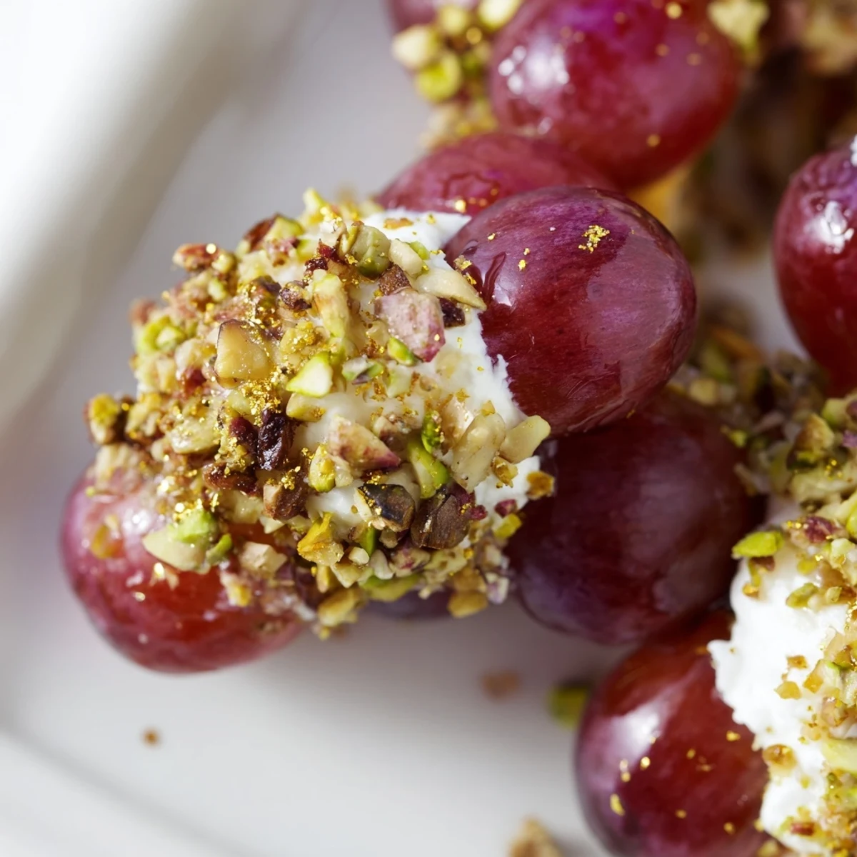 A close-up of a sparkling grape cluster appetizer showing glistening grapes coated with golden nuts.