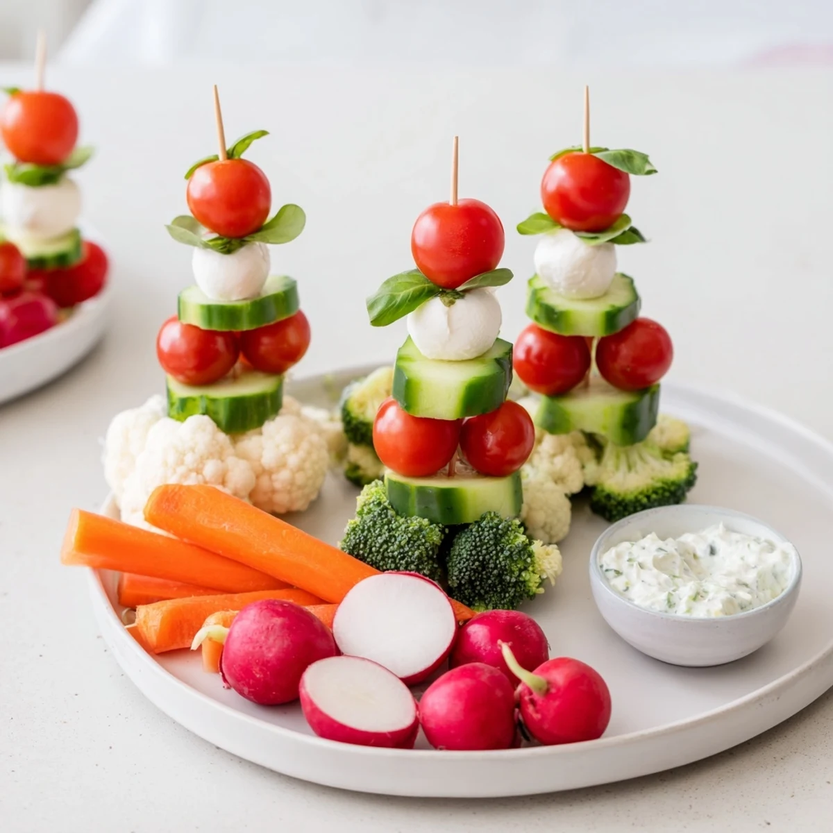 Fresh, colorful Savory Crudités arranged into Santa hat shapes, offering a healthy and delicious appetizer.