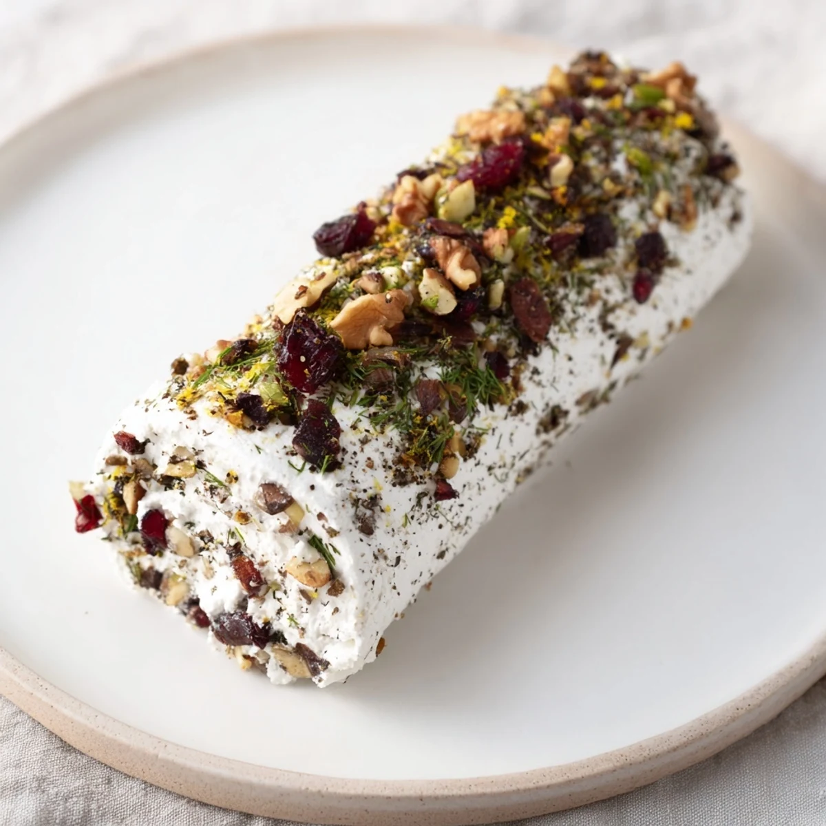 Winter Snowdrift Goat Cheese Log, a festive appetizer coated in herbs, nuts, and cranberries, ready to serve.