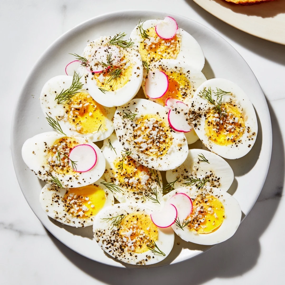 Vibrant brunch spread featuring hard-boiled eggs with everything bagel seasoning alongside fresh vegetables.