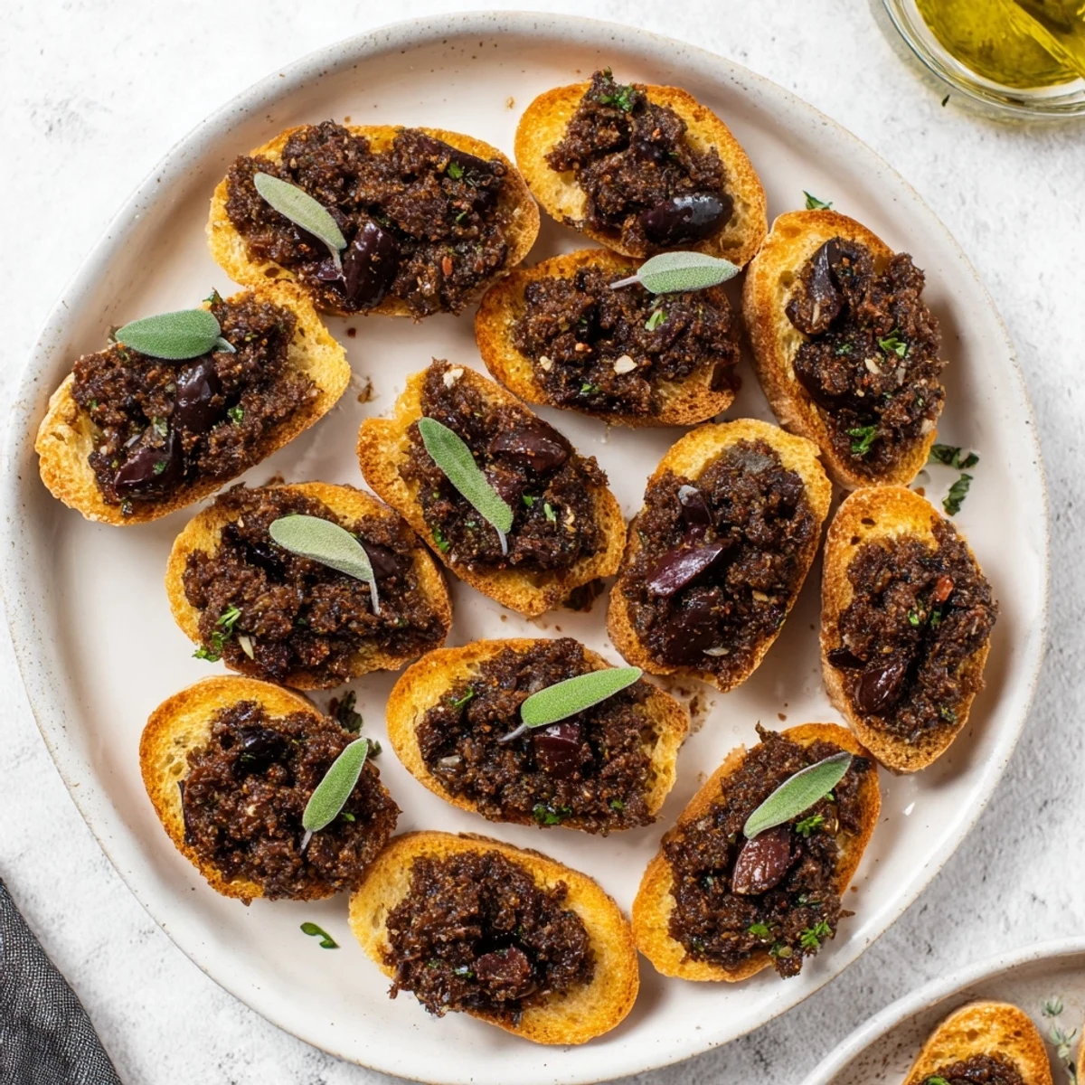 Golden crostini topped with vibrant black olive tapenade, a savory appetizer perfect for sharing.