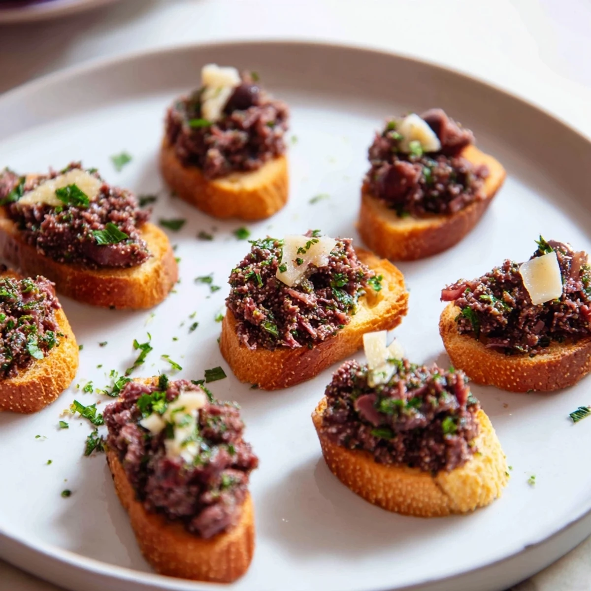 A close-up of a bowl filled with black olive tapenade served alongside crispy, toasted crostini.