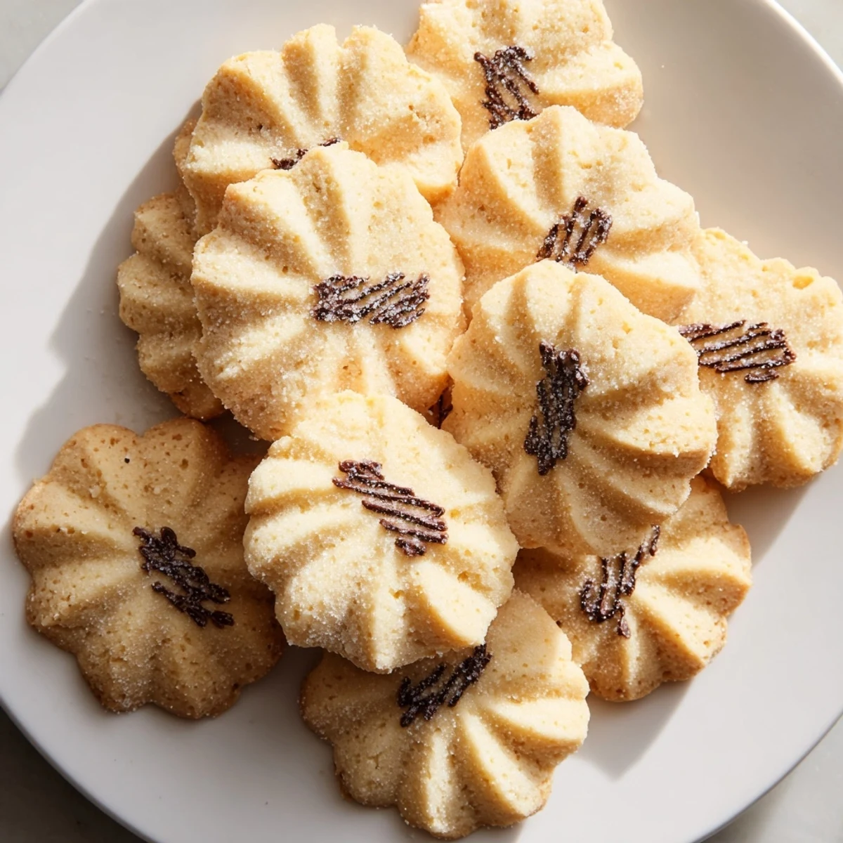 Spritz cookies arranged in a beautiful fan shape, golden and sprinkled, ready to enjoy this holiday.
