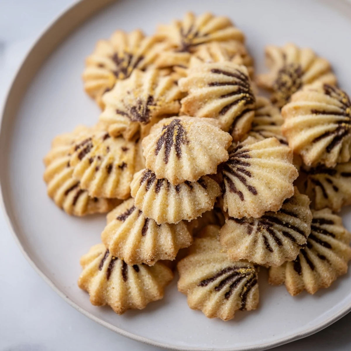 Buttery, delicate spritz cookies freshly baked into an array of layered fans, perfect dessert treat.
