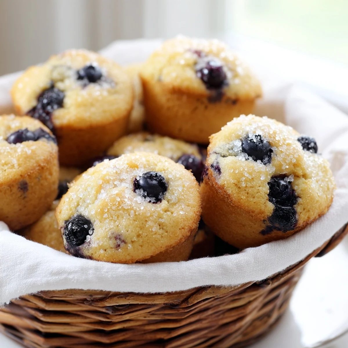 Fluffy mini blueberry muffins piled high in a rustic basket, ready to enjoy.