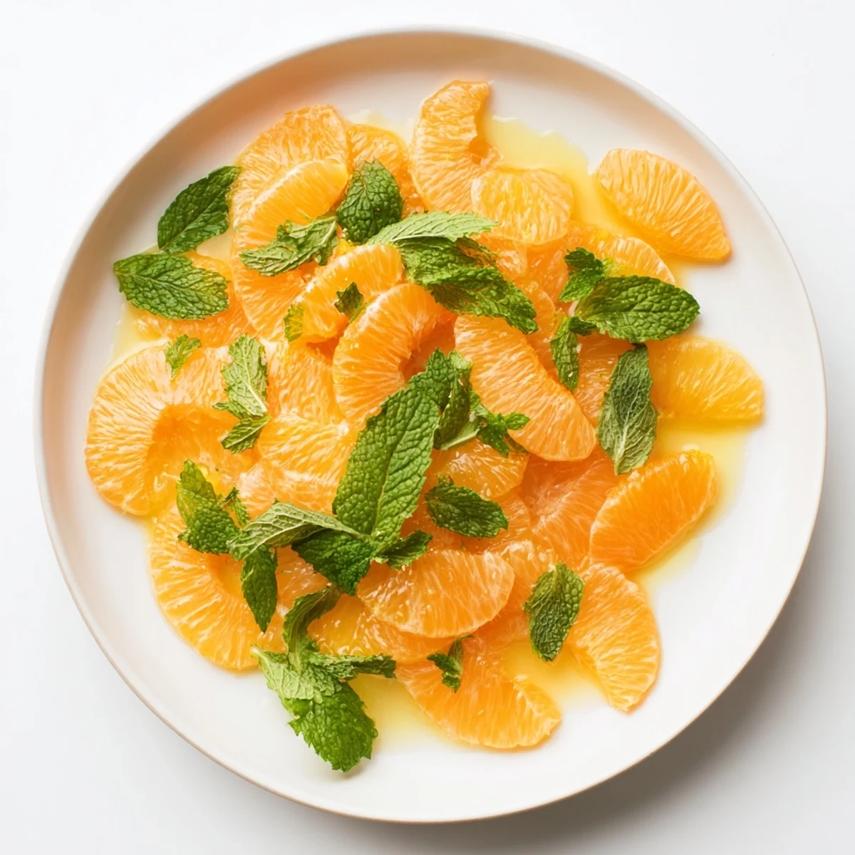 Fresh clementine winter fruit salad with bright green mint, a refreshing dessert option.