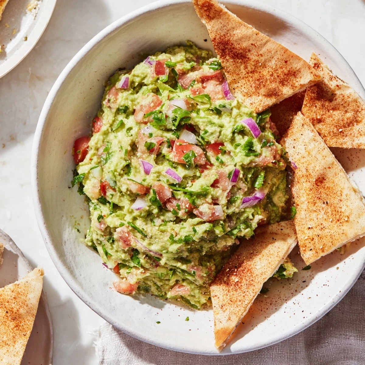 Golden, crispy pita chips surround a vibrant bowl of fresh guacamole, ready for dipping.