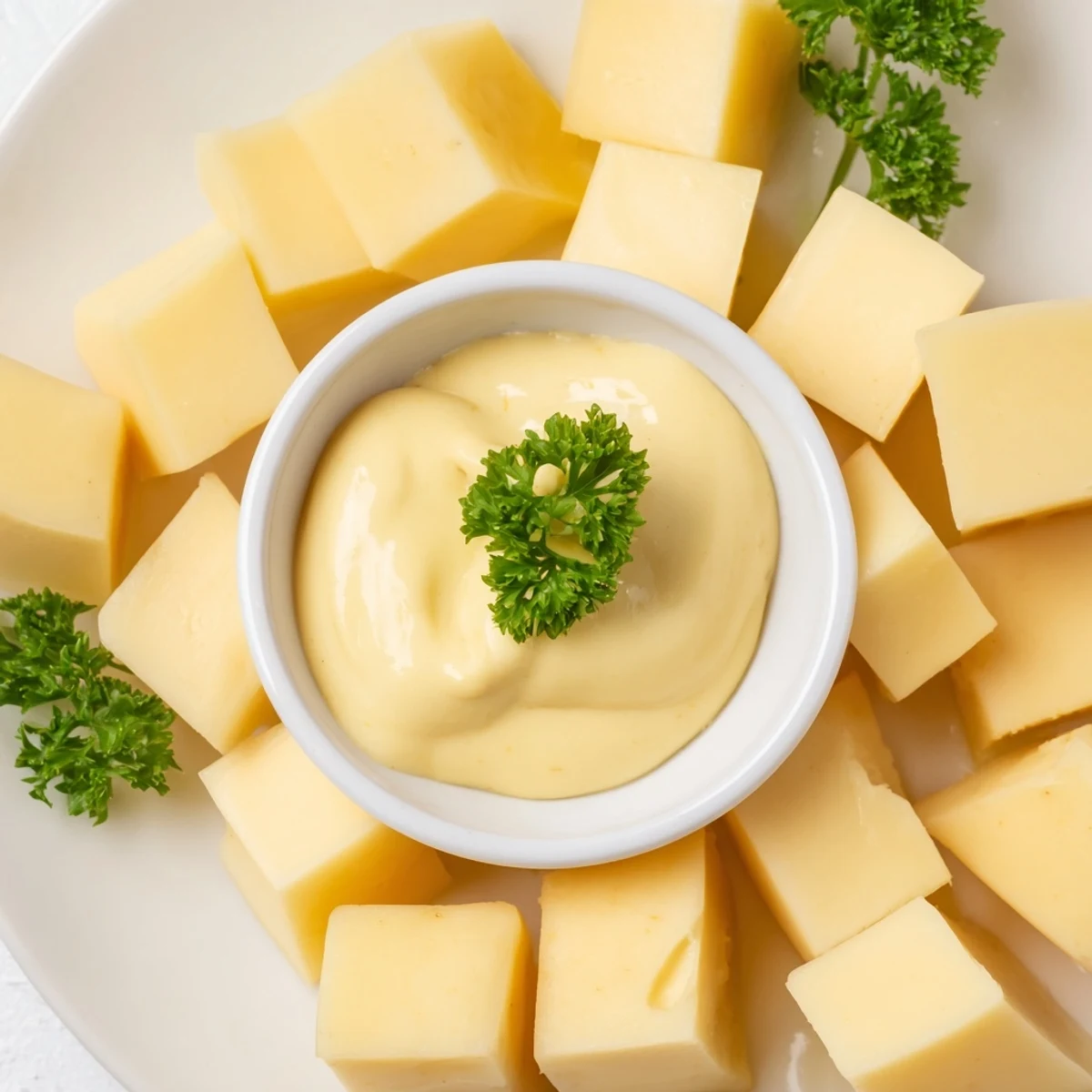 A beautiful cheese platter with vibrant Gouda cubes surrounded by Dijon mustard dip.