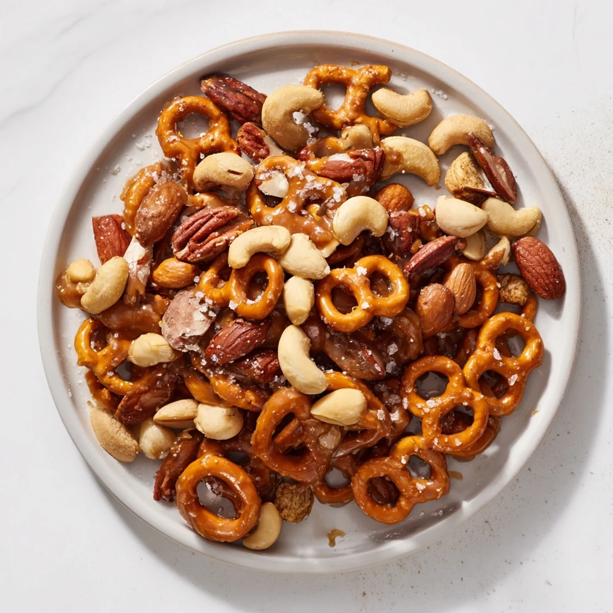 Golden, glistening Salted Caramel Pretzels & Nuts ready to be broken into clusters for snacking.